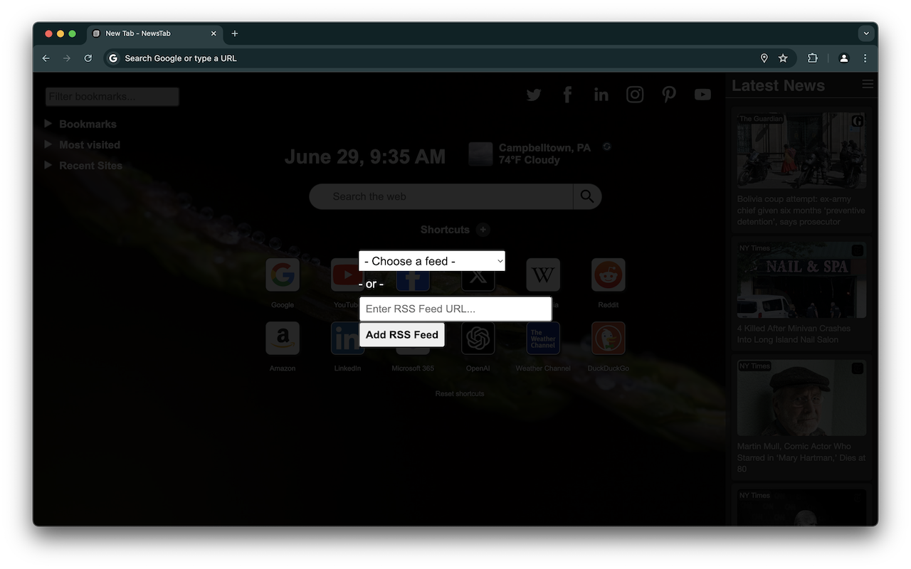 NewsTab customization interface showing RSS feeds and tile management